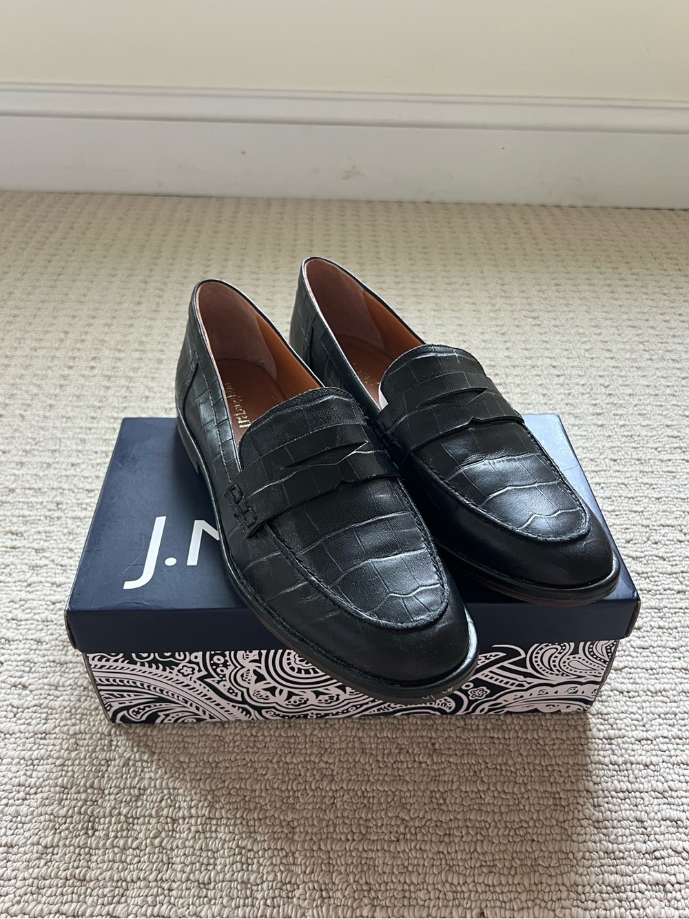 J. McLaughlin Black Croc-Embossed Leather Loafers